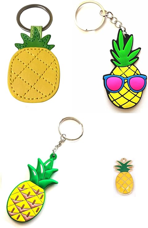 Pineapple Lover's Keychain Bag Charm Gift Set - Leather Pineapple - Soft Rubber Pineapple - PVC Rubber Pineapple - Metal Trinket Pineapple (Choose Option) Key Chain