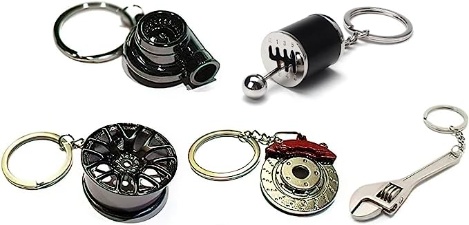 MOST POPULAR Five Piece Auto Parts Metal Key Chain Set - Spinning Turbo Keychain, Six Speed Manual Gearbox Keychain, Wheel Tire Rim Keychain, Red Brake Rotor Keychain, Silver Wrench Keychain Automotive Part Car Auto Key Chain