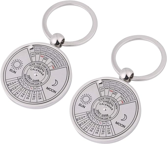 [Pack of 2] Sun and Moon Calendar Keychain 2010-2060 50 Years Key Chain Ring Keyfob (Choose From 2pc, 4pc, 6pc Set) Key Chain