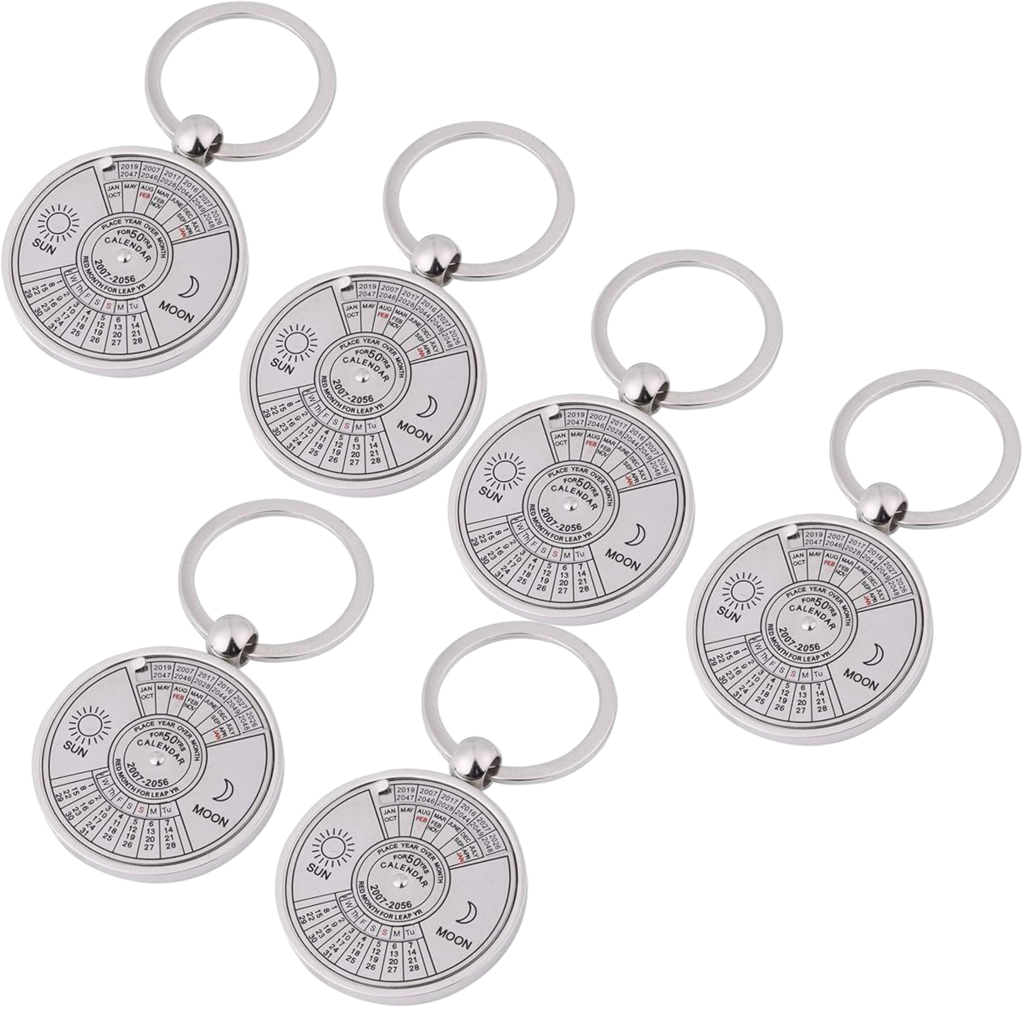 [Pack of 2] Sun and Moon Calendar Keychain 2010-2060 50 Years Key Chain Ring Keyfob (Choose From 2pc, 4pc, 6pc Set) Key Chain