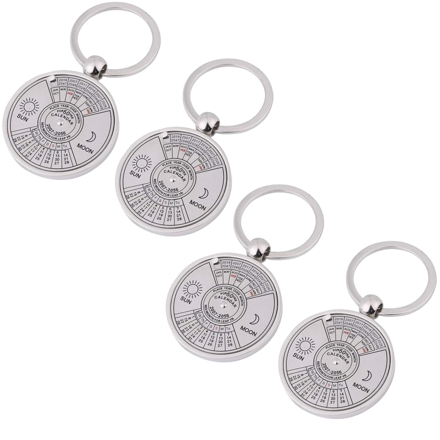 [Pack of 2] Sun and Moon Calendar Keychain 2010-2060 50 Years Key Chain Ring Keyfob (Choose From 2pc, 4pc, 6pc Set) Key Chain