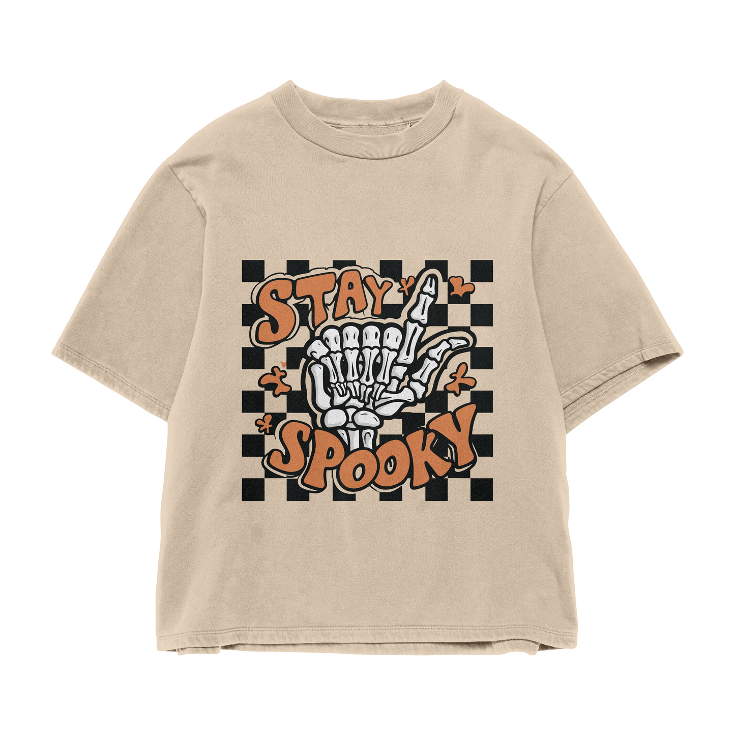 Unisex Stay Spooky Checkerboard Skeleton Hand T Shirt, Oversized Aesthetic Cute Funny Tee Halloween Fall