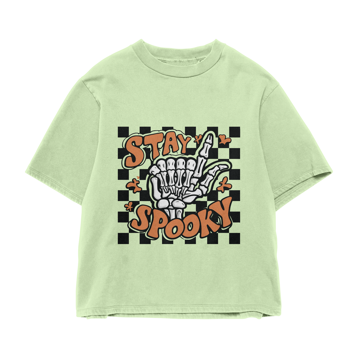 Unisex Stay Spooky Checkerboard Skeleton Hand T Shirt, Oversized Aesthetic Cute Funny Tee Halloween Fall