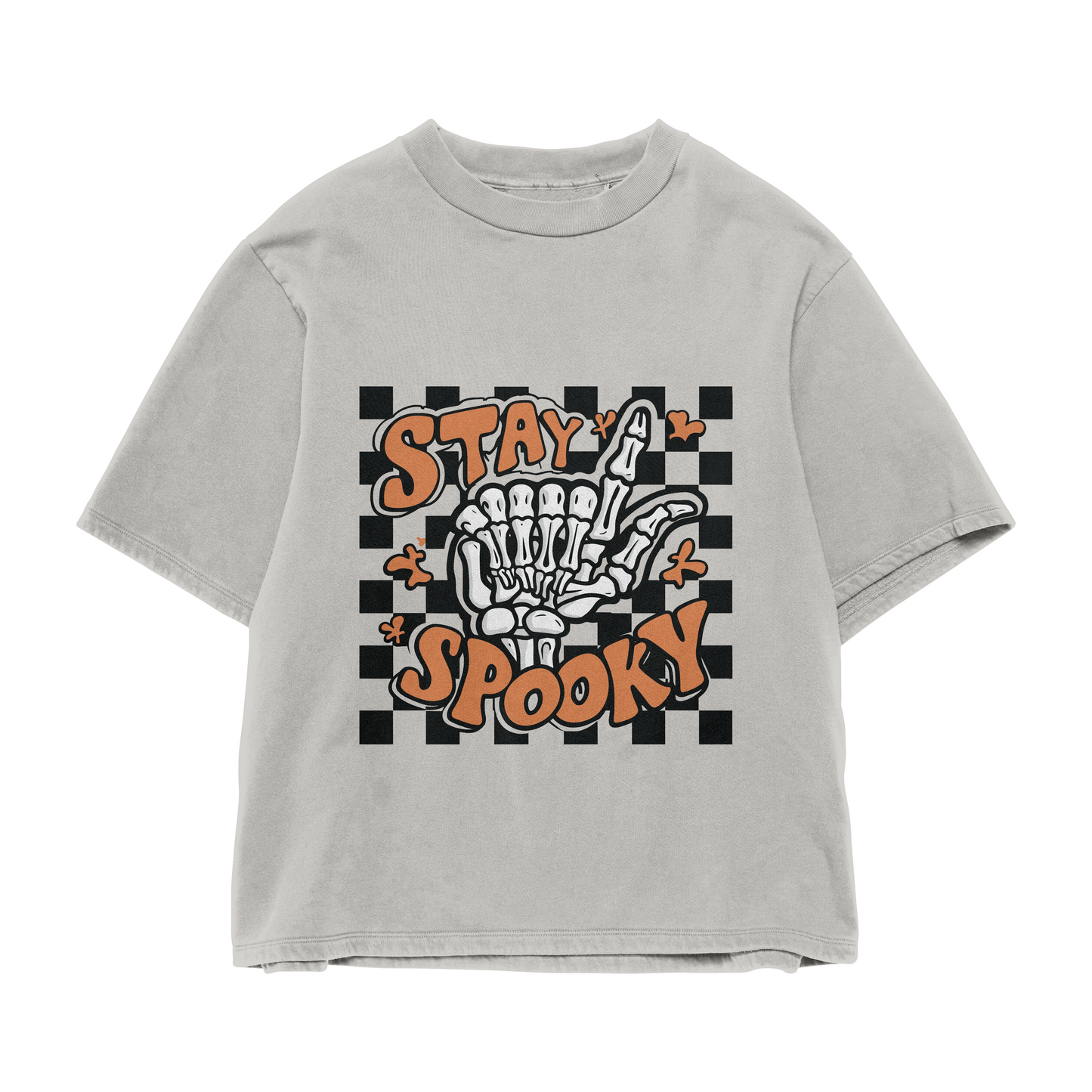 Unisex Stay Spooky Checkerboard Skeleton Hand T Shirt, Oversized Aesthetic Cute Funny Tee Halloween Fall