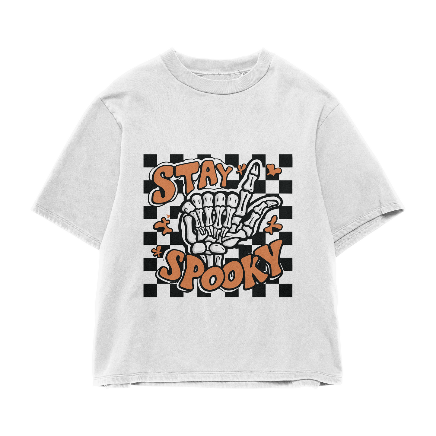 Unisex Stay Spooky Checkerboard Skeleton Hand T Shirt, Oversized Aesthetic Cute Funny Tee Halloween Fall