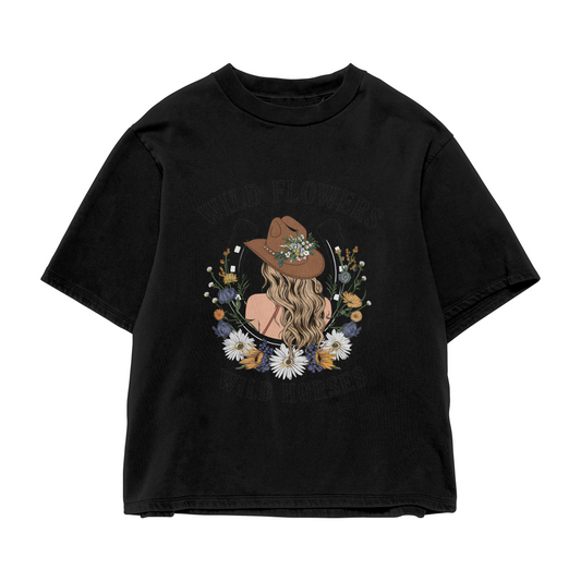 Unisex Wild Flowers, Wild Horses Cowgirl Hat T Shirt, Oversized Aesthetic Cute Funny Tee Western