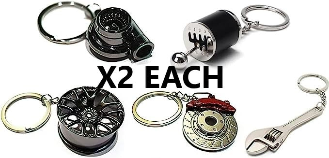 MOST POPULAR Five Piece Auto Parts Metal Key Chain Set - Spinning Turbo Keychain, Six Speed Manual Gearbox Keychain, Wheel Tire Rim Keychain, Red Brake Rotor Keychain, Silver Wrench Keychain Automotive Part Car Auto Key Chain