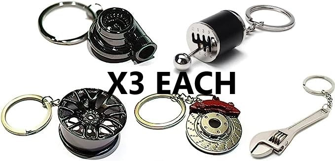 MOST POPULAR Five Piece Auto Parts Metal Key Chain Set - Spinning Turbo Keychain, Six Speed Manual Gearbox Keychain, Wheel Tire Rim Keychain, Red Brake Rotor Keychain, Silver Wrench Keychain Automotive Part Car Auto Key Chain